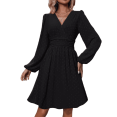 thumbnail image 1 of Women V-Neck Dot Jacquard Spring And Autumn Long-Sleeved A-Shaped Waist Puff Sleeve Dress, 1 of 5