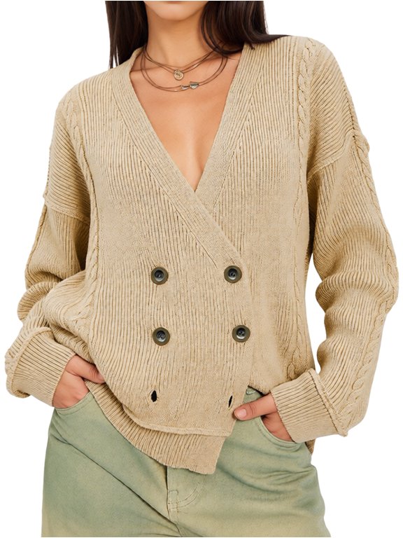 Women V Neck Double Breasted Cable Knit Distressed Drop Shoulder Loose Knit Cardigan Khaki M