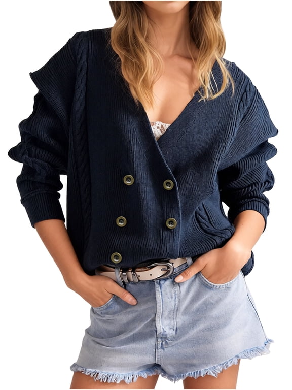 Women V Neck Double Breasted Cable Knit Distressed Drop Shoulder Loose Knit Cardigan Royal Blue L