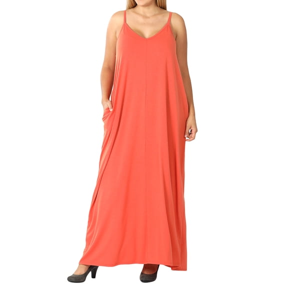 Women V-Neck Draped Jersey Beach Summer Cami Long Maxi Dress with Side Pockets (Ash Copper, 1X)
