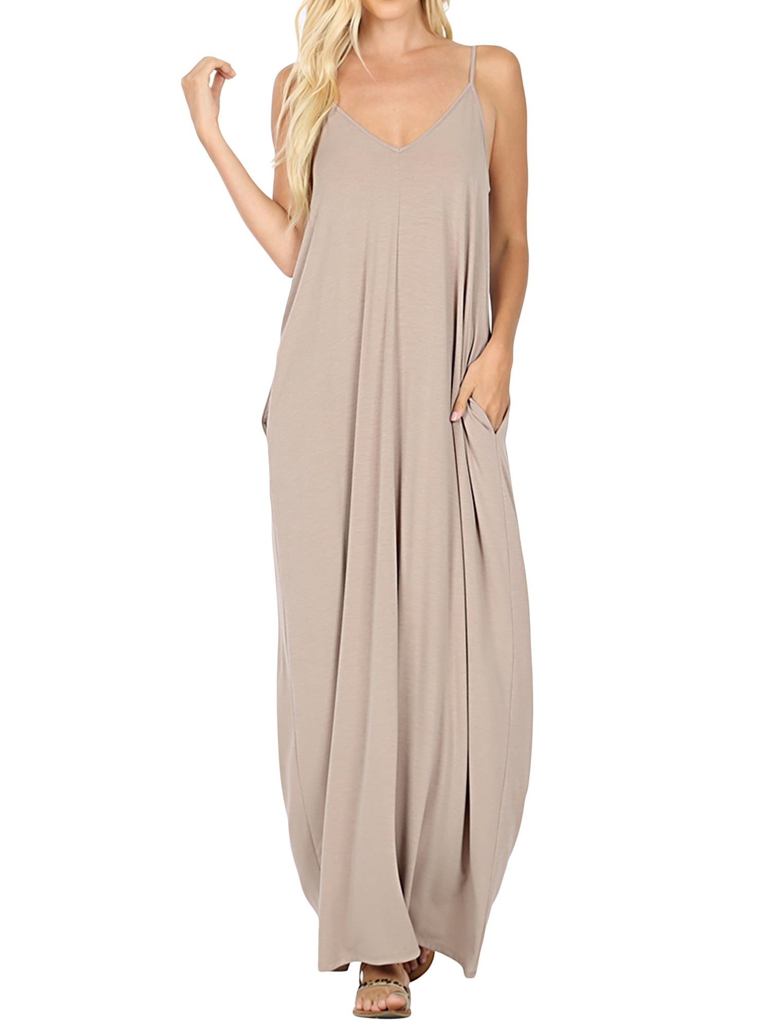 Women V-Neck Draped Jersey Beach Summer Cami Long Maxi Dress with Side  Pockets (Ash Mocha, 1X) - Walmart.com