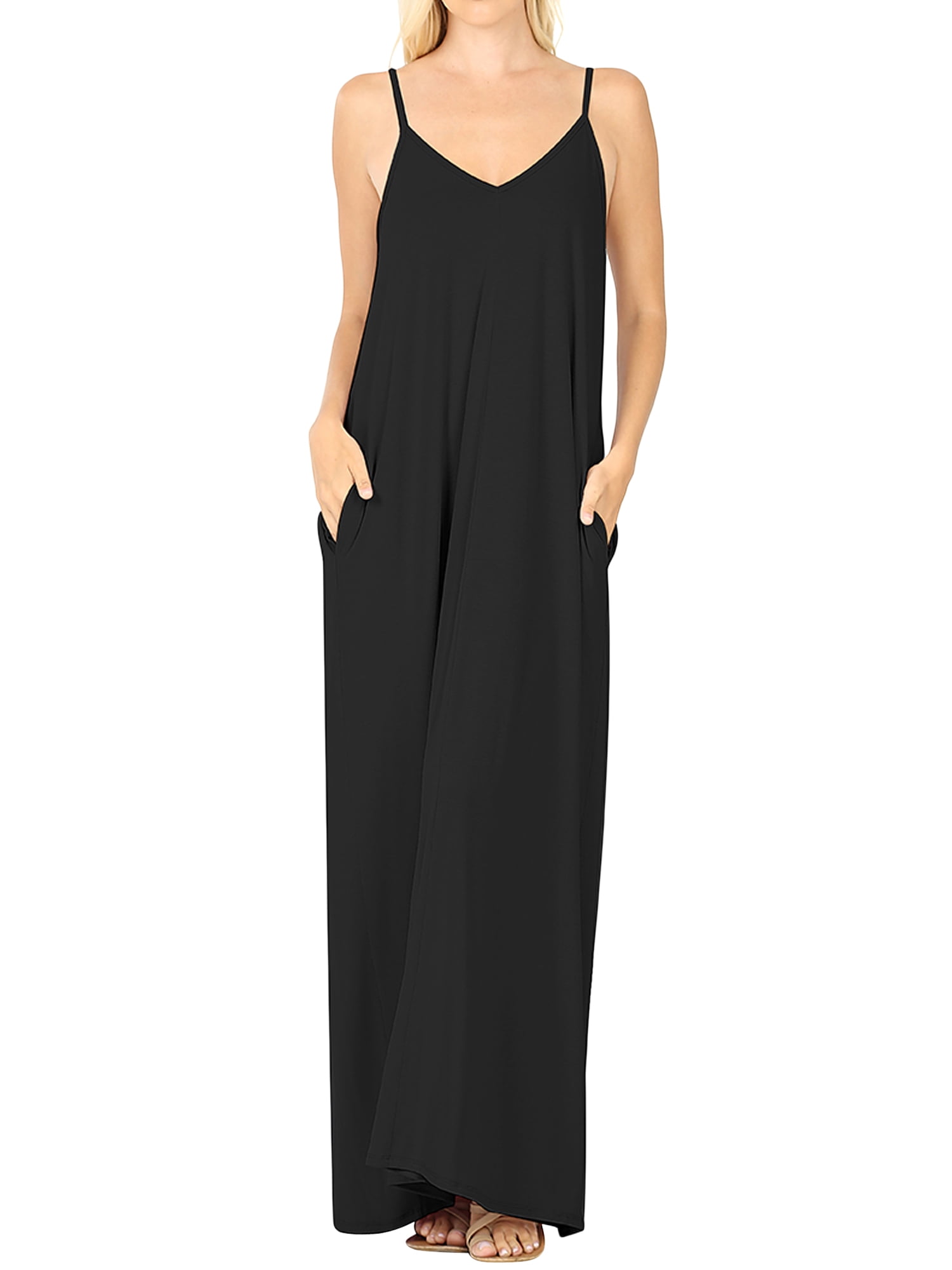 TheLovely Women V-Neck Draped Jersey Beach Summer Cami Long Maxi Dress with Side Pockets (Black, S), Women's, Size: Small