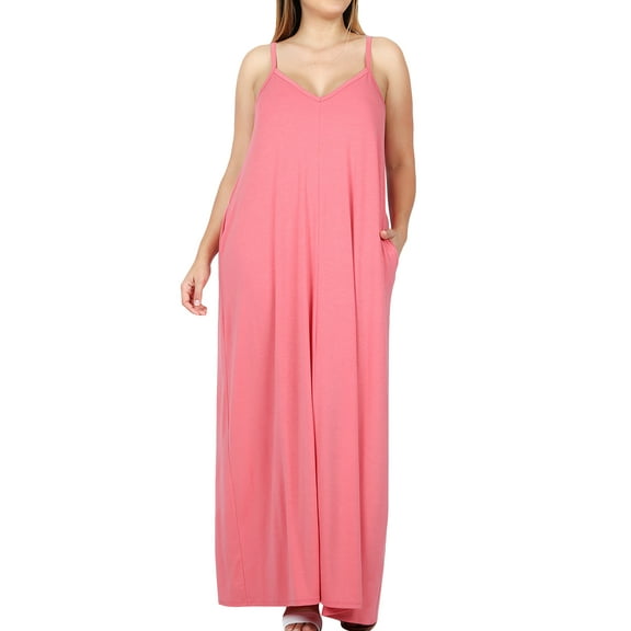 Women V-Neck Draped Jersey Beach Summer Cami Long Maxi Dress with Side Pockets (Desert Rose, 1X)