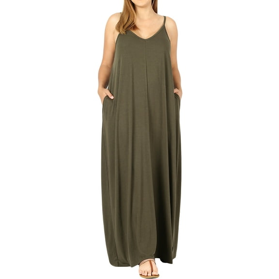 Women V-Neck Draped Jersey Beach Summer Cami Long Maxi Dress with Side Pockets (Dk Olive, 1X)