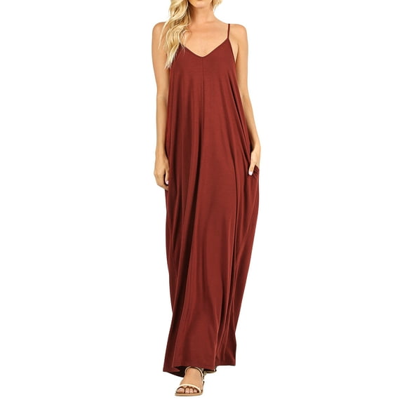 Women V-Neck Draped Jersey Beach Summer Cami Long Maxi Dress with Side Pockets (Fired Brick, 1X)
