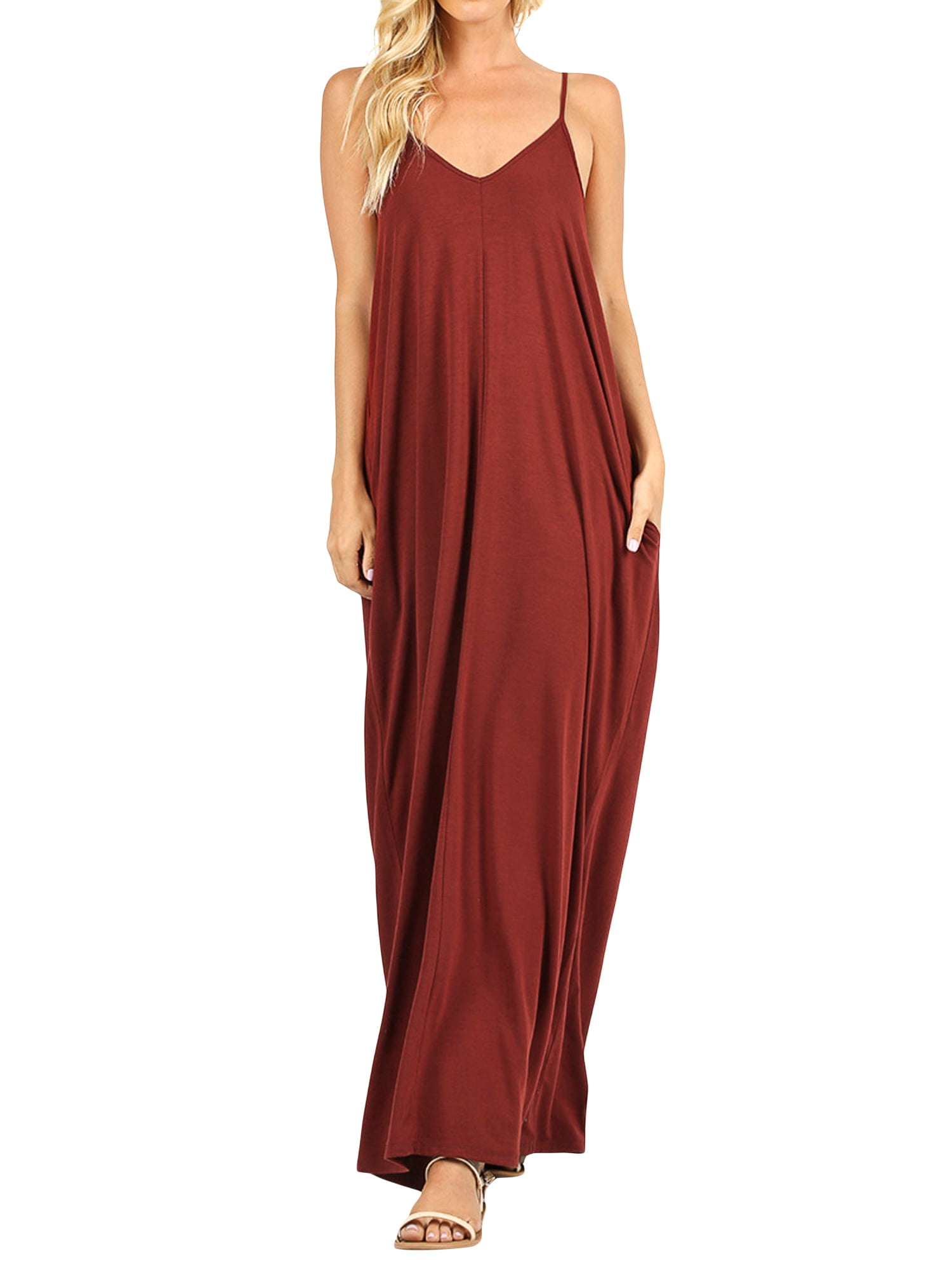 Women V-Neck Draped Jersey Beach Summer Cami Long Maxi Dress with Side Pockets (Fired Brick, Xl)