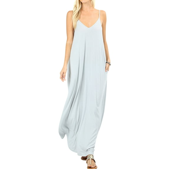 Women V-Neck Draped Jersey Beach Summer Cami Long Maxi Dress with Side Pockets (Grey Mist, M)