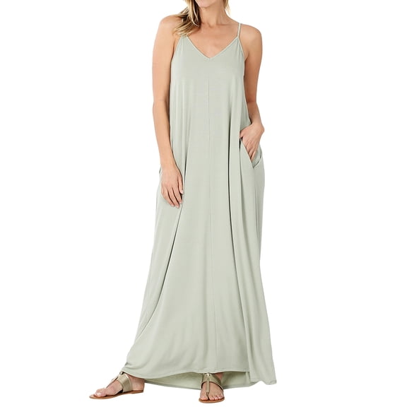 Women V-Neck Draped Jersey Beach Summer Cami Long Maxi Dress with Side Pockets (Lt Sage, L)