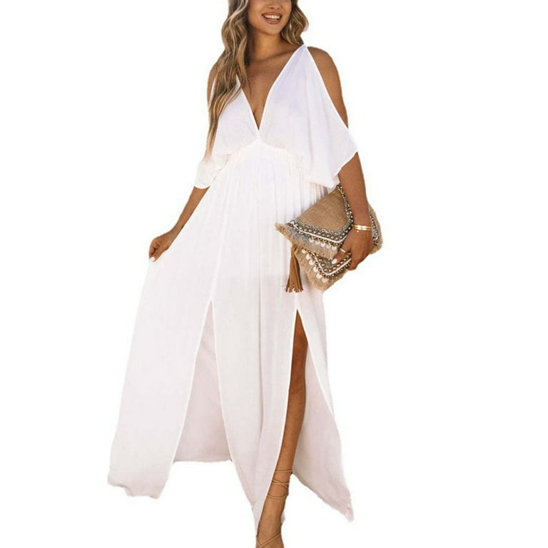 Women V Neck Dress Cold Shoulder Side Slit Backless Elastic High