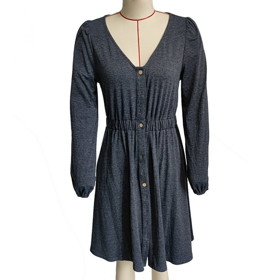 Women V Neck Dress Long Sleeves Button Trim Elastic Waist Casual Dress for Daily Wear Flower Grey XL