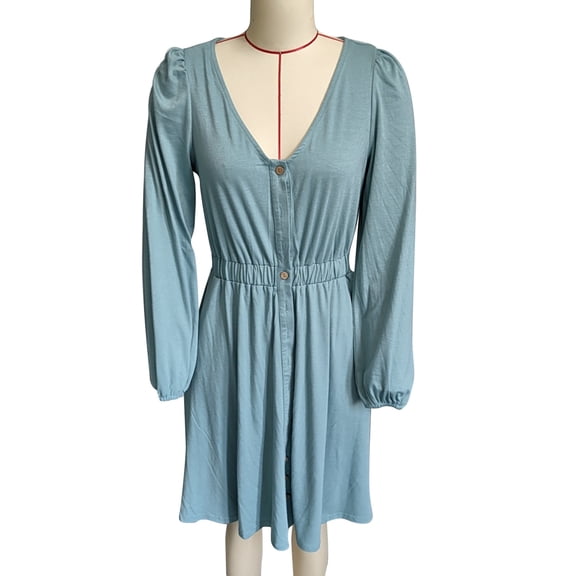 Women V Neck Dress Long Sleeves Button Trim Elastic Waist Casual Dress for Daily Wear Mint XXL
