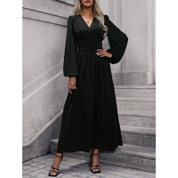 Women V-Neck Elegant Long Sleeve Pleated Elastic Dresses Casual Classic Side Slit Maxi Dress