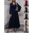 thumbnail image 1 of Women V-Neck Elegant Long Sleeve Pleated Elastic Dresses Casual Classic Side Slit Maxi Dress, 1 of 5