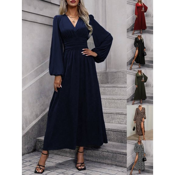 Women V-Neck Elegant Long Sleeve Pleated Elastic Dresses Casual Classic Side Slit Maxi Dress