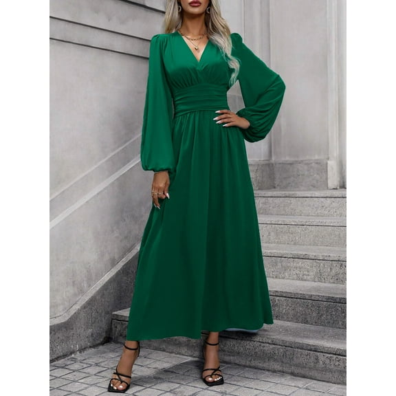 Women V-Neck Elegant Long Sleeve Pleated Elastic Dresses Casual Classic Side Slit Maxi Dress