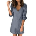 thumbnail image 1 of Women V Neck Elegant Mini Dress Three Quarters Sleeve Casual Summer Fashion Solid Color Elastic Flowy Comfortable Stylish Outfit, 1 of 2