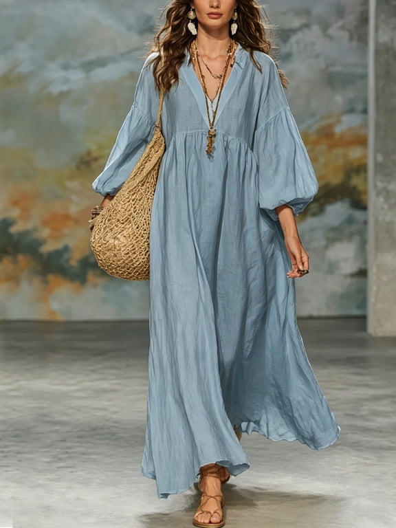 Women V-Neck Empire Waist Maxi Dress, Puff Lantern Long Sleeve Solid Color Flowy Boho Loose Cotton-Linen Blend Vacation Casual Long Dress L