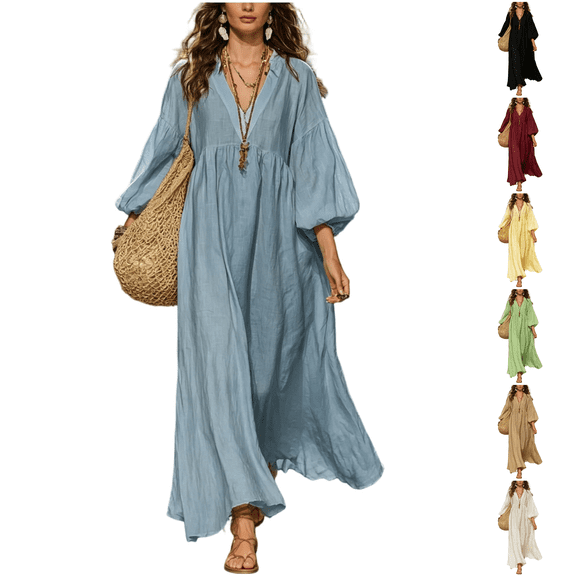 Women V-Neck Empire Waist Maxi Dress, Puff Lantern Long Sleeve Solid Color Flowy Boho Loose Cotton-Linen Blend Vacation Casual Long Dress L