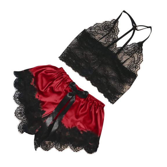 Women V-Neck Eyelash Lace Sexy Stain Camisole Pajamas Bowknot Shorts Set Shorts boho pants