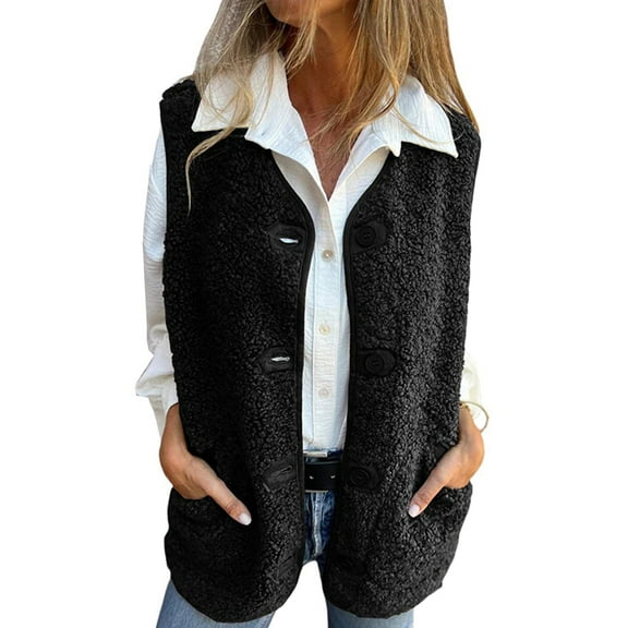 Women V-Neck Fleece Outerwear Vests Plush Button Down Jacket Tops Sleeveless Gilet Coats with Pockets Black S