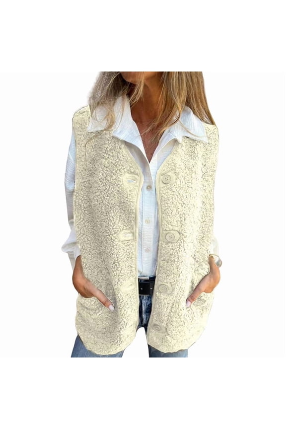 Women V-Neck Fleece Outerwear Vests Plush Button Down Jacket Tops Sleeveless Gilet Coats with Pockets Cream White XL