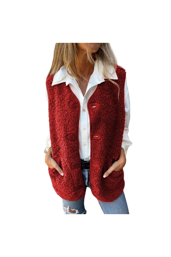 Women V-Neck Fleece Outerwear Vests Plush Button Down Jacket Tops Sleeveless Gilet Coats with Pockets Red M