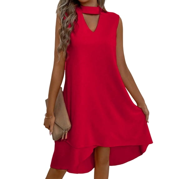 Women V-Neck Floral Printed A-Line Elegant Dresses Sleeveless Sundress Casual Boho Dress Red XS
