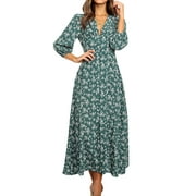 NLIFE Women V Neck Floral Printed Button Maxi Dress
