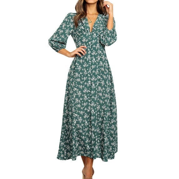 Women V Neck Floral Printed Button Maxi Dress