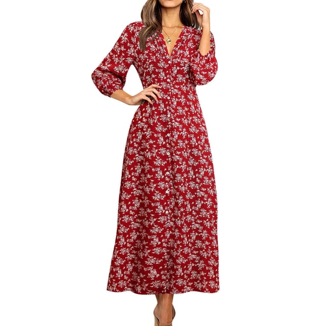 Women’s Maxi Dress – Floral Print – Deep V-Neck – Relaxed Fit