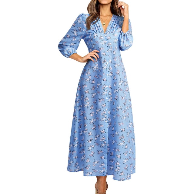 Women's Gradient Vintage Floral Print V-Neck Button-Down Maxi Dress main image 0