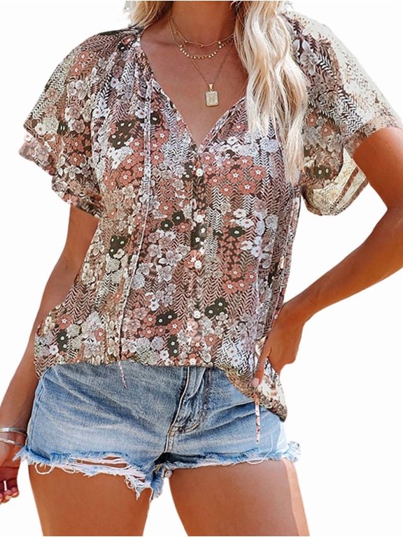 Women V Neck Floral Printed Drawstring Loose Blouse Short Sleeve Ruffled Boho T Shirt Tunic Tops Khaki L