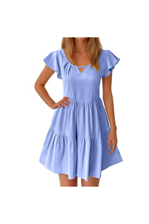 Women V Neck Flowy Babydoll Dresses 2025 Summer Short Sleeve Swing Shift Loose Casual Summer Mini Tunic Dress Fashion Clothes
