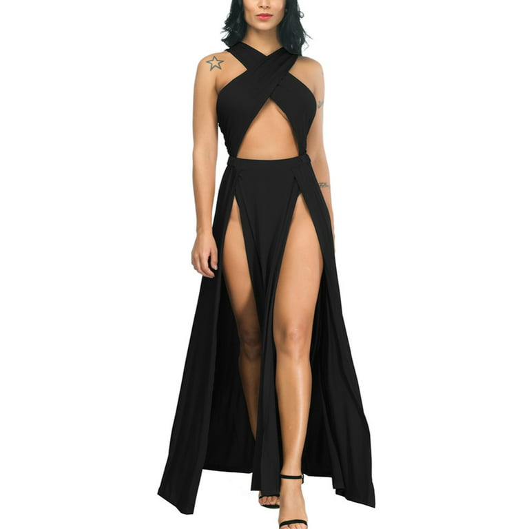 Women V Neck Front Criss Cross Split Maxi Long Dress for Summer(Black,2XL)  
