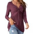 thumbnail image 1 of Women Long Sleeve Slim Fit V-neck Solid Color Knot Shirt Tops, 1 of 4