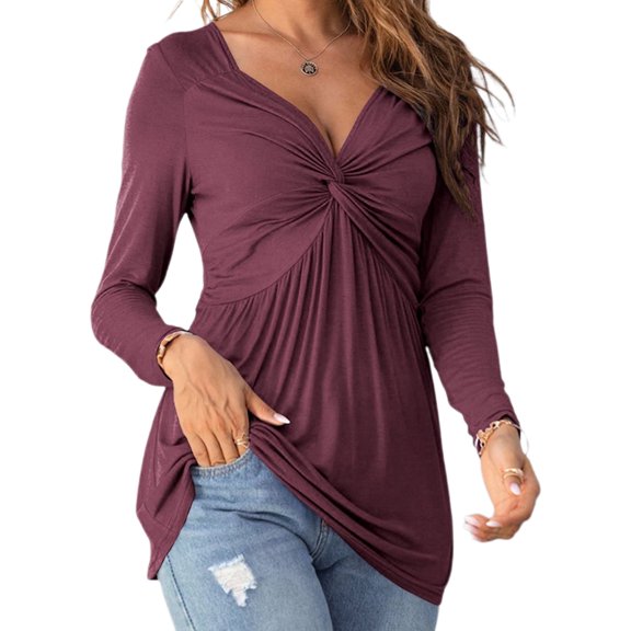 Women Long Sleeve Slim Fit V-neck Solid Color Knot Shirt Tops