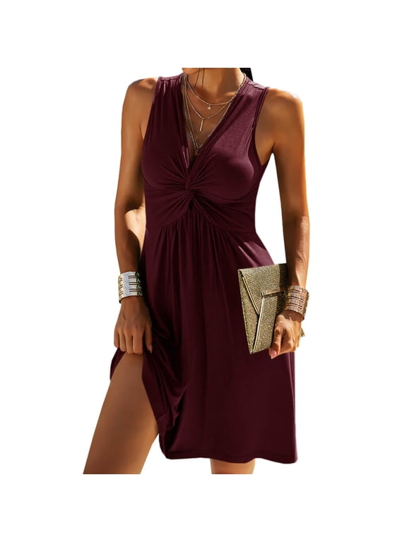 Women V Neck Front Tie A Line Dress Solid Color Casual Sleeveless Sundress