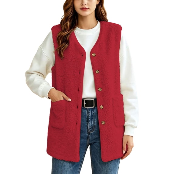Women V Neck Fuzzy Long Vest Button Up Sleeveless Jacket with Pockets,Lightweight Windproof Fall Winter Daily Casual Wear,Red,XL
