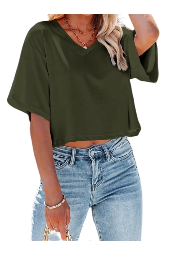 Women V Neck Half Sleeve Solid Color Cropped T Shirts