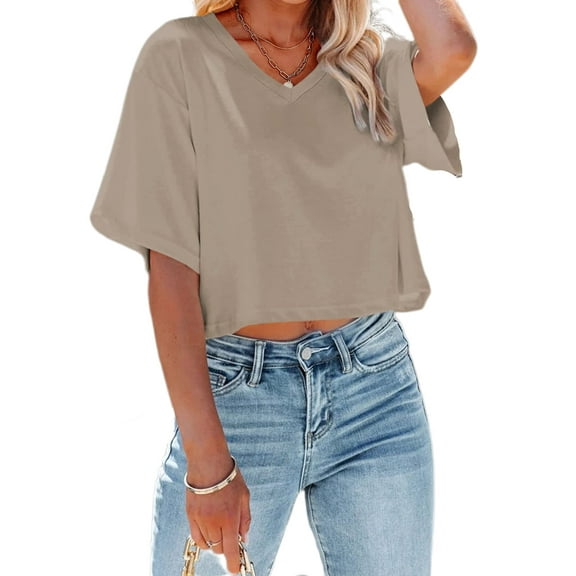 Women V Neck Half Sleeve Solid Color Cropped T Shirts