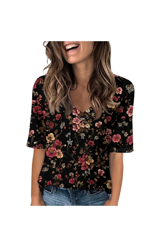 Women V Neck Half Sleeve T Shirts Dressy Casual Elbow Length Spring Fashion Fit Basic Tee Summer Tunic Top Blouse 2XL