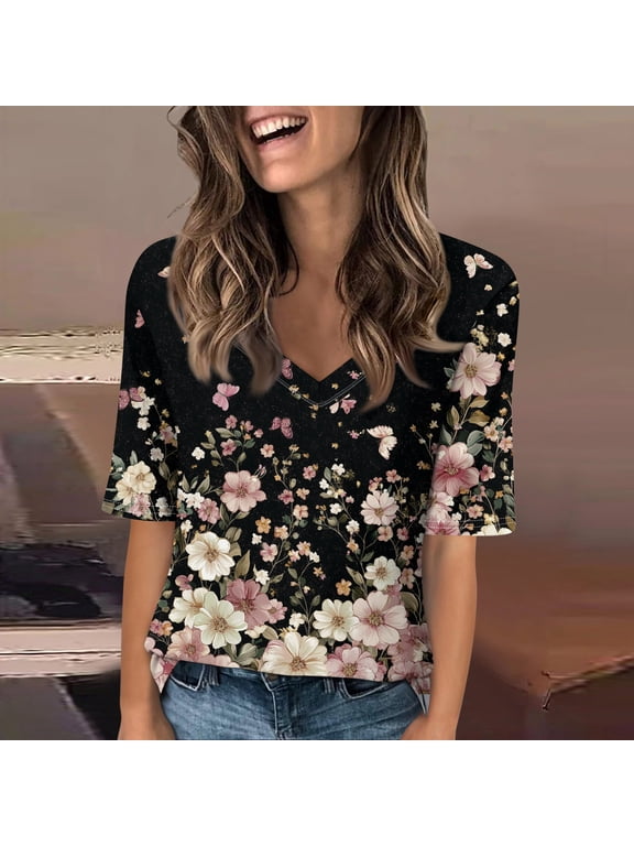 Women V Neck Half Sleeve T Shirts Dressy Casual Elbow Length Spring Fashion Fit Basic Tee Summer Tunic Top Blouse Black L
