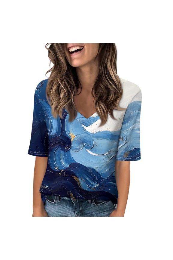 Women V Neck Half Sleeve T Shirts Dressy Casual Elbow Length Spring Fashion Fit Basic Tee Summer Tunic Top Blouse L