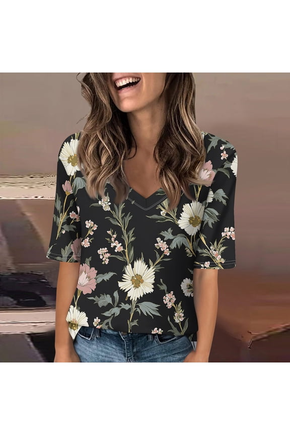 Women V Neck Half Sleeve T Shirts Dressy Casual Elbow Length Spring Fashion Fit Basic Tee Summer Tunic Top Blouse Orange 3XL
