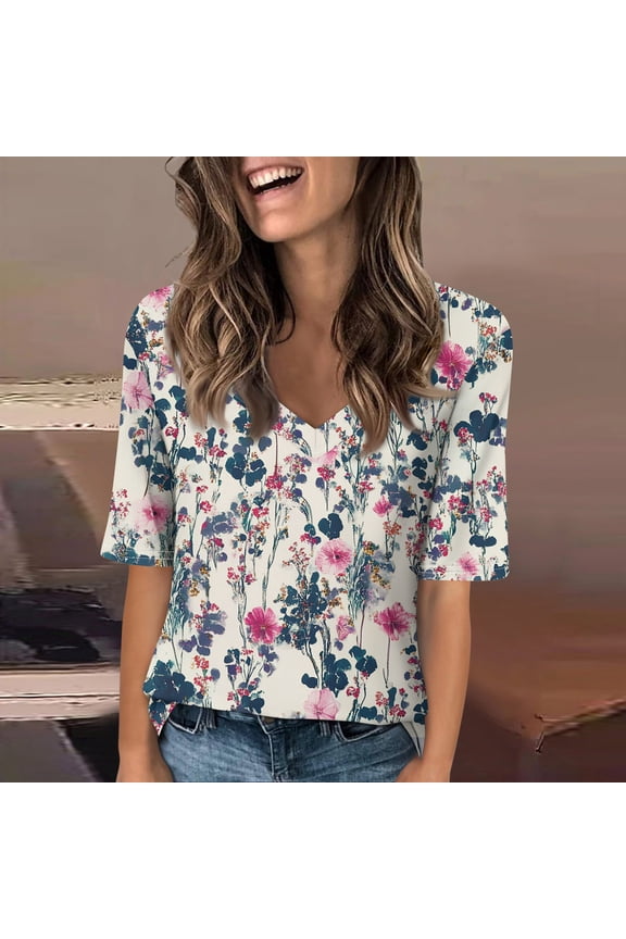 Women V Neck Half Sleeve T Shirts Dressy Casual Elbow Length Spring Fashion Fit Basic Tee Summer Tunic Top Blouse Pink 3XL