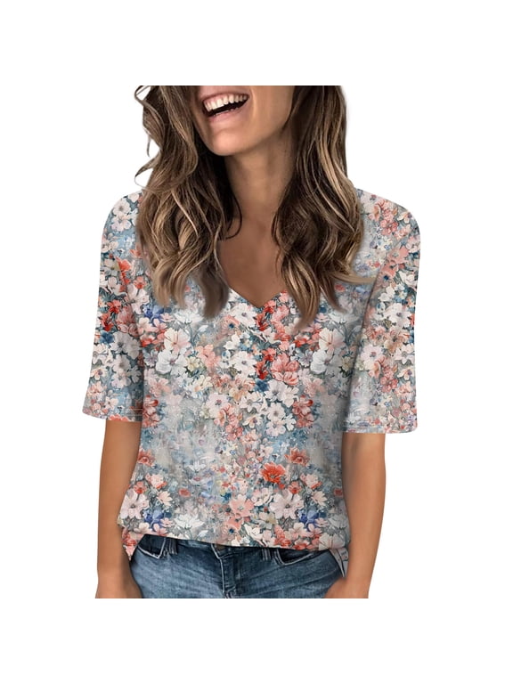 Women V Neck Half Sleeve T Shirts Dressy Casual Elbow Length Spring Fashion Fit Basic Tee Summer Tunic Top Blouse XL