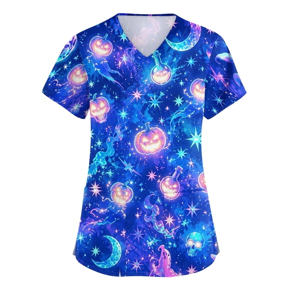 Women V-Neck Halloween Funny Print Loose Fit Short Sleeve Scrub Shirts Nursing Tops with Pockets 01-Blue XXL