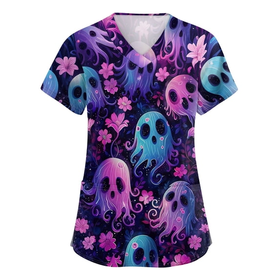 Women V Neck Halloween Print Scrub Tops, Short Sleeve Pocket Side Split Care Worker Uniform Shirts 03-Light pink XXXL
