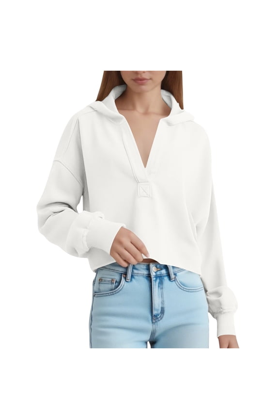 Women V Neck Hoodies Sweatshirts Cropped Hooded Tops Oversized Pullover Shirts Drop Shoulder Coats Solid Color Shirt Top Long Sleeve Hoodie Sweatshirt Stylish Casual Clothes for Juniors