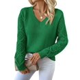 thumbnail image 1 of Women V Neck Knit Hollow Openwork Lantern Long Sleeve Ribbed Cuff Loose Fit Knit Pullover Sweater Green M, 1 of 8